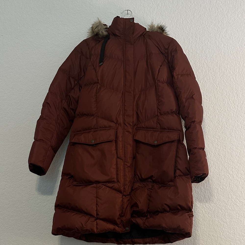 Eddie Bauer Women's Down Long Puffer Coat with Faux Fur Trim - Deep Burgandy